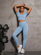 Round Neck Short Sleeve Top and Leggings Active Set