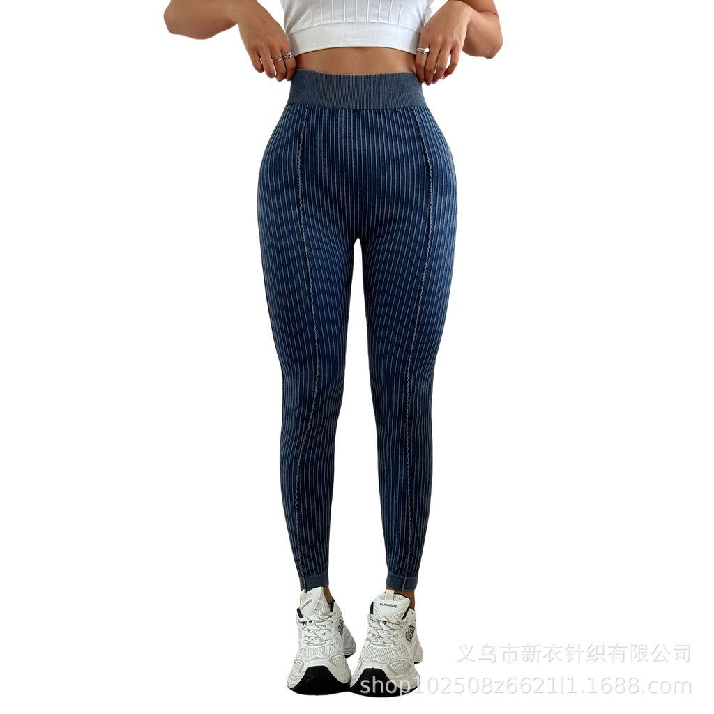 Back V Waist Peach Butt Sand Wash Yoga Pants for Women, Ribbed High Waist Lift-Up Fitness Tights